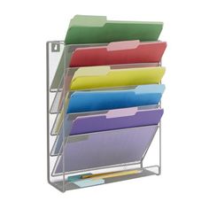 a metal shelf holding files and folders