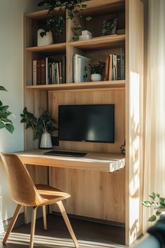 a wooden desk with a computer monitor and bookshelf in the corner, next to a chair