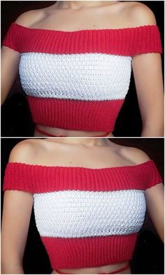 two pictures of a woman wearing a red and white top with one showing her breast