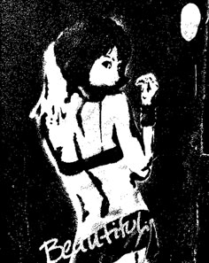 a black and white drawing of a woman with her hand on her hip, in front of a dark background