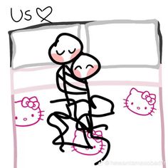 a drawing of a man hugging a woman in bed with hello kitty on the sheets