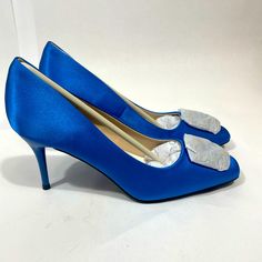 Women's Satin Wedding Shoes Pointed Closed Toe Chunky Heel Bridal Shoes Crystal Slip On Pumps Blue Party Court Shoes With Round Toe, Blue Round Toe Court Shoes For Party, Blue Pointed Toe Wedding Shoes For Party, Blue Low Heel Court Shoes For Party, Blue Block Heel Wedding Shoes For Evening, Blue Block Heel Evening Wedding Shoes, Blue Closed Toe Party Wedding Shoes, Blue Closed Toe Wedding Shoes For Party, Blue Party Court Shoes With Padded Heel