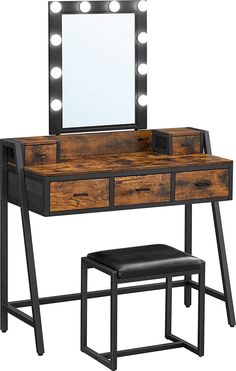 a wooden vanity with stool and mirror