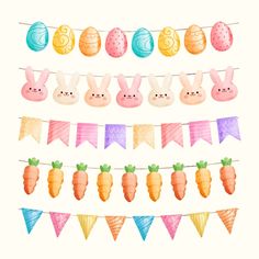 some bunnies and carrots are hanging on a line