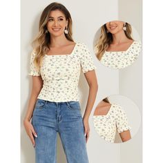 The short-sleeved tops will showcase your casual style with an all-over cute floral print. Floral print designs show off your elegance and glamour and add some highlights to your look. Style it with your favorite jeans and high heels for a casual and charming look. This is a summer cropped top feature with a ruched front, short sleeves, and a floral pattern to add some highlights to your look. Trendy Short Sleeve Tops With Ditsy Floral Print, Feminine Short Sleeve Tops With Ditsy Floral Print, White Ditsy Floral Print Short Sleeve Top, Feminine Floral Print Short Sleeve Top, Feminine Short Sleeve Floral Print Top, White Short Sleeve Blouse With Ditsy Floral Print, White Blouse With Ditsy Floral Print And Short Sleeves, Feminine Printed Short Sleeve Tops, Summer Cropped Top