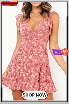 Bestdealfriday Pink Printed Sleeveless Tiered Mini Dress P1483226 Tiered Mini Dress, Mini Dress Casual, Dresses By Length, Loungewear Sets, V Neck Dress, Women's Fashion Dresses, Long Tops, Elegant Dresses, Set Dress