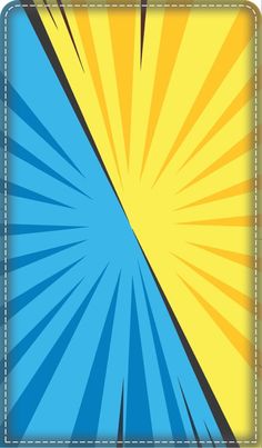 a blue and yellow sunburst background with white stitching on the bottom right corner