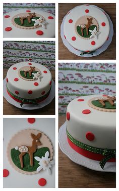 four different pictures of a cake decorated with deer and flowers on top of each one