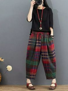 Spring New Arts Style Women Elastic Waist Plaid cotton linen Vintage Pants Interesting Outfits, Pants Elastic Waist, Casual Wide Leg Pants, Diva Fashion, Vintage Pants, Ankle Length Pants, Style Women