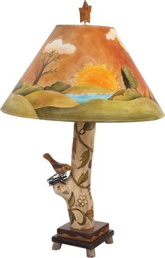 Log Table Lamp –  Hand painted landscape table lamp with vine motifs and bird Square Light Fixture, Log Table, Sticks Furniture, Antique Lamp Shades, Wooden Lampshade, Rustic Lamp Shades, Painting Lamp Shades, Shabby Chic Lamps, Diy Shades