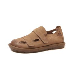 Spring Summer Retro Leather Flat Velcro Casual Sandals Brown Slip-on Sandals With Flat Heel, Coffee Sizes, Summer Retro, Spring Sandals, Tube Top Dress, Leather Style, Rubber Heels, Casual Sandals, Leather Flats