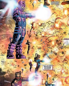 an image of a comic book page with many characters in the background and one person standing on