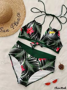 Olivia Mark - Conjunto de bikini de vacaciones para tallas grandes: Conjunto de Bañador Plus Mujer Estampado Tropical con Elástico Medio - 2 Piezas Green Printed Halter Neck Swimwear, Green One-piece Tropical Tankini, Green Tropical Style One-piece Tankini, Green Halter Neck Swimwear For Vacation, Green Tropical Print Tankini For Vacation, Green Tankini With Tropical Print, Green Triangle Top Printed Tankini, Green Tropical Print Summer Tankini, Green Printed Triangle Top Tankini