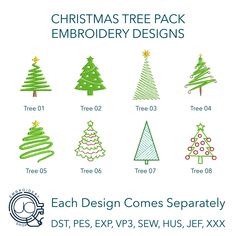 christmas tree pack embroidery designs for each design comes separately from dfss, exp, px3, sew, jf, jex