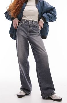 A baggy fit and a solid dark wash add to the effortlessly cool style of extralong nonstretch jeans meant to be worn stacked at the hem. 29 1/2" inseam; 20 1/2" leg opening; 13" front rise; 16 1/2" back rise (size 32) Zip fly with button closure Five-pocket style 100% cotton Machine wash, line dry Made in Turkey Urban Style Washed Black Flare Jeans, Urban Faded Flare Jeans With Five Pockets, Urban Faded Flare Jeans With Pockets, Urban Style High Rise Washed Flare Jeans, Urban High Rise Washed Flare Jeans, Urban Style High Rise Faded Flare Jeans, Urban High Rise Faded Flare Jeans, Urban Washed Black Flare Jeans, Denim Jeans For Women