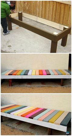 the bench is made out of different colored boards