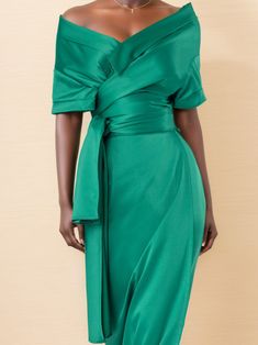 Green Off-the-Shoulder Maxi Dress Fitted Green Midi Dress With Draped Sleeves, Elegant Green Mini Dress With Asymmetrical Neckline, Green Midi Dress With Draped Sleeves, Chic Green Dress With Draped Sleeves, Green Fitted Dress With Draped Sleeves, Plain Maxi Dress, Off The Shoulder, Maxi Dress, Satin