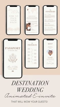 the destination wedding card is shown in four different colors