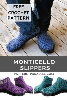 crocheted slippers with the words free crochet pattern on top and bottom