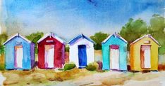 watercolor painting of colorful beach huts in the sand