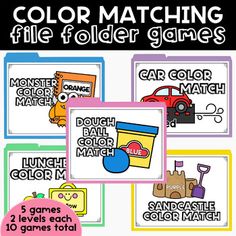 color matching file folder games for kids with cars and trucks on them, including the word's name