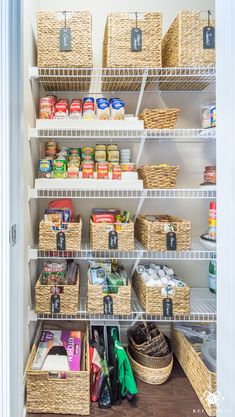 an organized pantry with baskets and food items