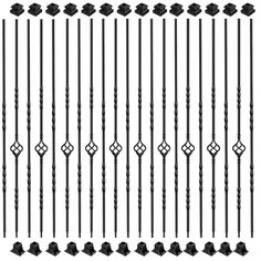 an iron fence with many different designs and sizes, including the top one in black