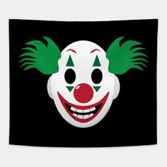 a clown's face with green hair and red nose on a black background wall tapestry