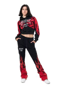 Smoke Rise Women's Racing Flame Hoodie - Black/Red Black Sporty Hoodie For Winter, Edgy Winter Sweatshirt With Drawstring Hood, Flame Hoodie, Preschool Girl, Cheer Shoes, Denim Shirt With Jeans, Short Tank Top, Wide Width Shoes, Tank Top Bras