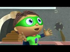 an animated image of a boy in a green mask with his hands out to the side