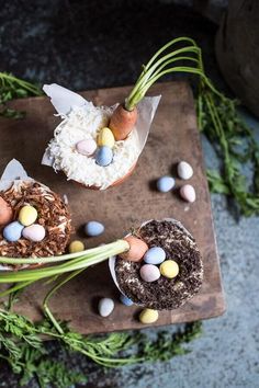 easter treats are arranged on a cutting board