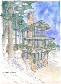 a drawing of a house in the snow with stairs leading up to it's second story