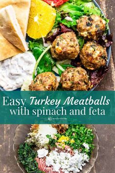 an easy turkey meatballs with spinach and feta salad