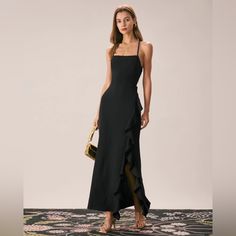 Details: - Black - Formal - Solid Color - Flounce - Slit - Sheath - Backless - Criss-Cross - Spaghetti Strap - Sleeveless - Maxi & Ankle Length - Slim Fit - No Stretch - 100% Polyester - Machine Wash Or Professional Dry This Backless Maxi Dress Is A Perfect Choice For Any Occasion. Its Spaghetti Strap, Sleeveless And Sheath Accentuate Your Curves And Make You Feel Confident And Beautiful. The Flounce, Slit And Back Criss-Cross Design Adds A Feminine Touch And Makes This Dress Perfect For Any Occ Strap Maxi Dress, Backless Maxi Dress, Black Formal, Backless Maxi Dresses, Cross Design, Black Ruffle, Back Strap, Feel Confident, Formal Event