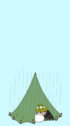 an illustration of a person hiding under a tent in the rain with their eyes closed