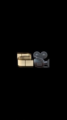 a black background with an image of a movie camera and film strips on the side