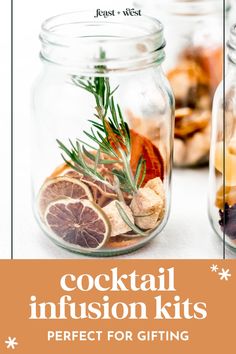 two jars filled with different types of food and the words cocktail infussion kits perfect for gifting