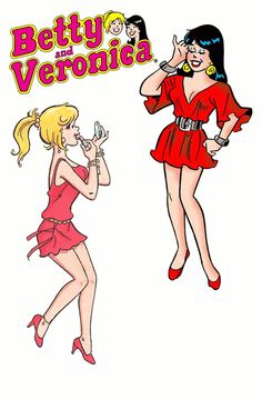 two women in red dresses are talking on their cell phones and the words betty's ve