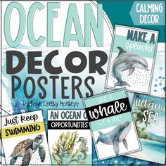 an ocean poster with dolphins and other marine creatures