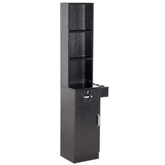 a tall black cabinet with drawers on the bottom and one door open to reveal it's contents