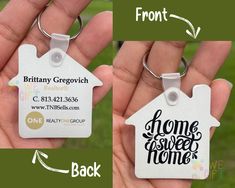 two pictures of a house shaped keychain with the words home sweet home printed on it