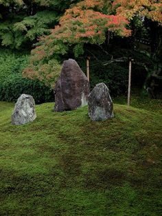 three large rocks sitting on top of a lush green field