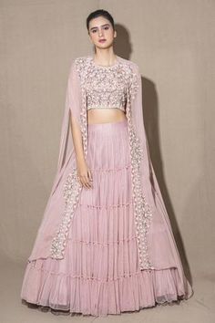 Shop for Vara by Vibha n Priti Pink Chiffon Embroidered Cape Lehenga Set for Women Online at Aza Fashions Bollywood Style Pink Lehenga With Cape Sleeves, Pink Dupatta With Cape Sleeves For Party, Festive Pink Lehenga With Cape Sleeves, Pink Sets With Dupatta And Cape Sleeves, Pink Lehenga With Cape Sleeves, Pink Lengha, Tiered Lehenga, Cape Lehenga, Embroidered Cape