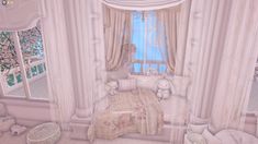 an animated bedroom with teddy bears and curtains