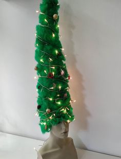 "A Christmas Tree on a wig! You can either wear it or use it for decoration. It is 39\" inches tall (99cm from neck to the top of the head) but well balanced so you can wear it easily. The base is elastic so it fits perfectly without restricting your movement while it is not heavy so it is comfortable wearing it. It has a metal wire inside and it is filled with cloth in order to keep its upright position. The base can be larger, looser, deeper, or tighter according to your needs. It practically Fake Mustaches, Gibson Girl, Wig Making, Very Long Hair, Costume Hats, Metal Wire, Great Artists, Costume Accessories, Headpiece