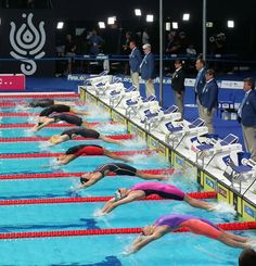 swimmers are lined up in the pool to start their laps on the starting line at an olympic swimming event