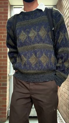 Mens Vintage Sweater Outfits, Man In Sweater Aesthetic, Sweater Guy Outfits, Guys In Sweaters Aesthetic, Old Man Sweater Aesthetic, Men’s Vintage Sweaters, Knitted Sweaters Aesthetic Men, Male Sweater Outfit Aesthetic, Grandpa Clothes Aesthetic Men