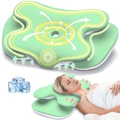 a woman laying on top of a pillow next to ice cubes