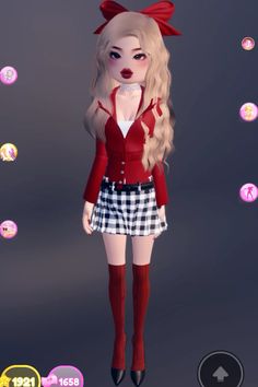 a girl with long blonde hair wearing a red top and plaid skirt, standing in front of bubbles