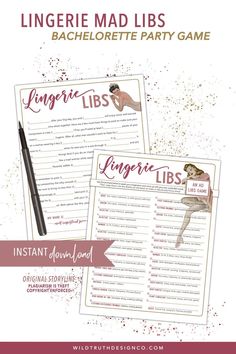 the lingerier mad libs bachelor party game is shown in red and white with pink ink